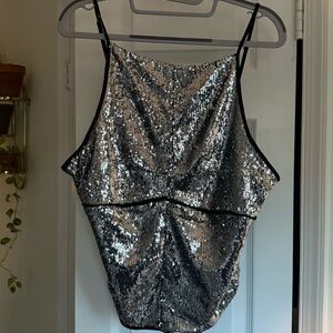 Free People James Silver Sequin Women's Tank Top Open Back High Neck Size XL